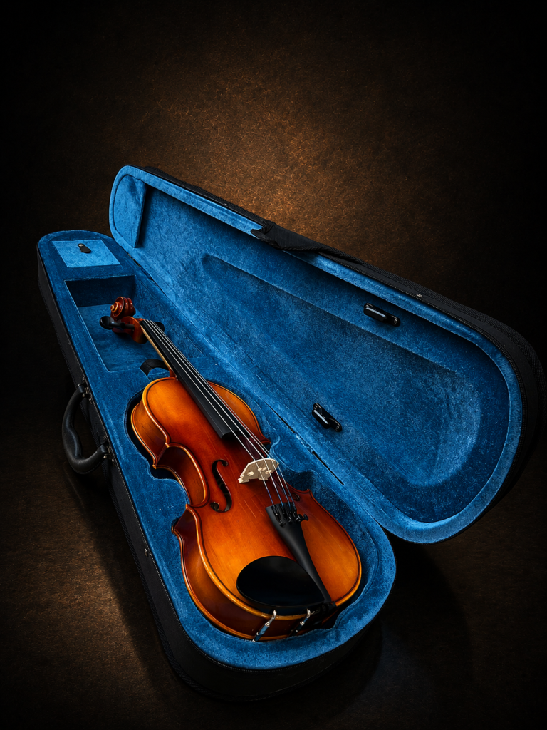 Mặt trước violin Suzuki No.210 size 3/4 nằm trong hộp mở
