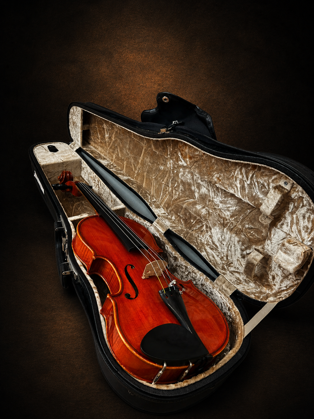 Mặt trước violin Suzuki No.330 size 3/4 nằm trong hộp mở