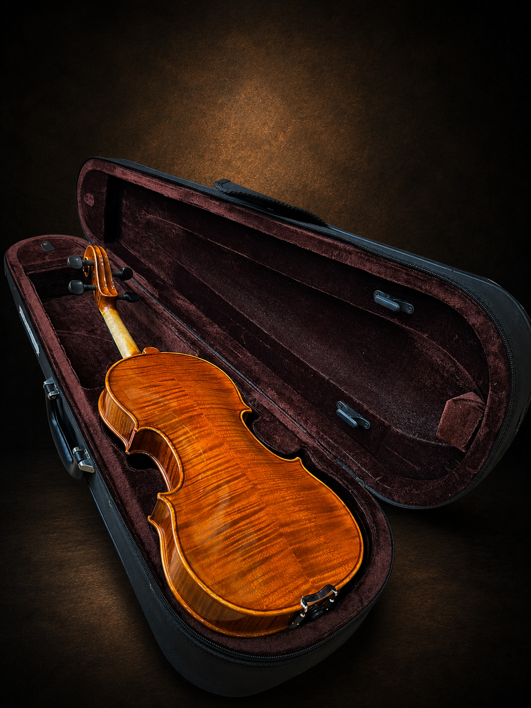 Mặt lưng violin mang nhãn Antonius Stradivarius 1719 nằm trong hộp mở