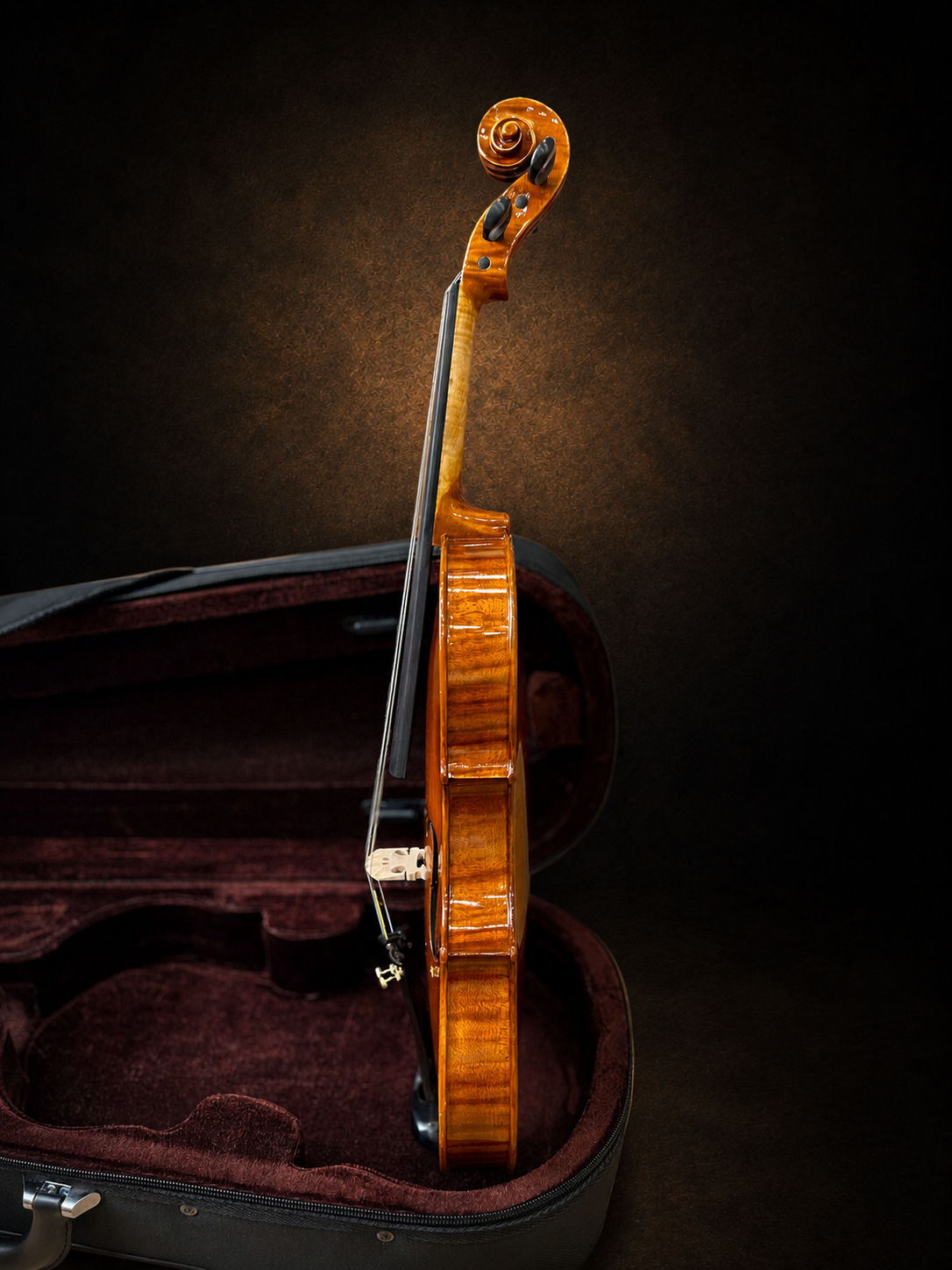 Góc nghiêng hông violin mang nhãn Antonius Stradivarius 1719, mặt đàn hướng sang trái