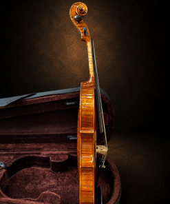 Góc nghiêng hông violin mang nhãn Antonius Stradivarius 1719, mặt đàn hướng sang phải