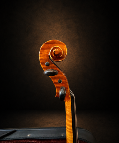 Đầu cuộn và chốt lên dây violin mang nhãn Antonius Stradivarius 1719 nhìn nghiêng