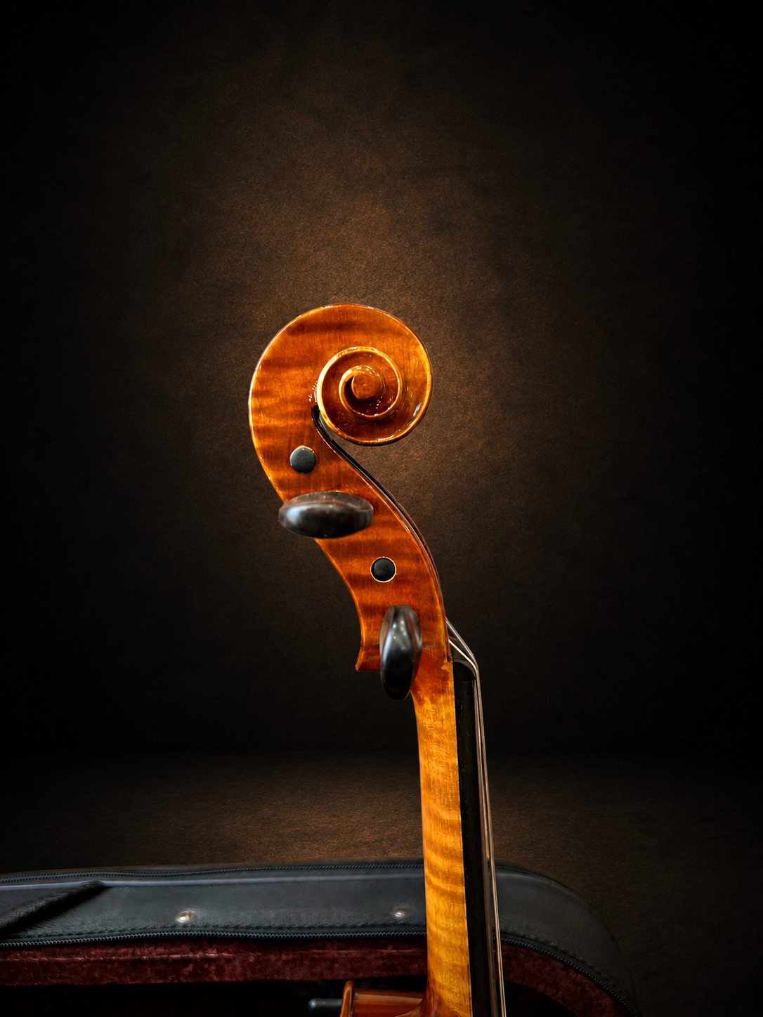 Đầu cuộn và chốt lên dây violin mang nhãn Antonius Stradivarius 1719 nhìn nghiêng