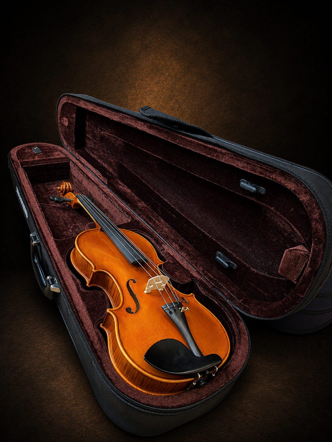 Mặt trước violin mang nhãn Antonius Stradivarius 1719 nằm trong hộp mở