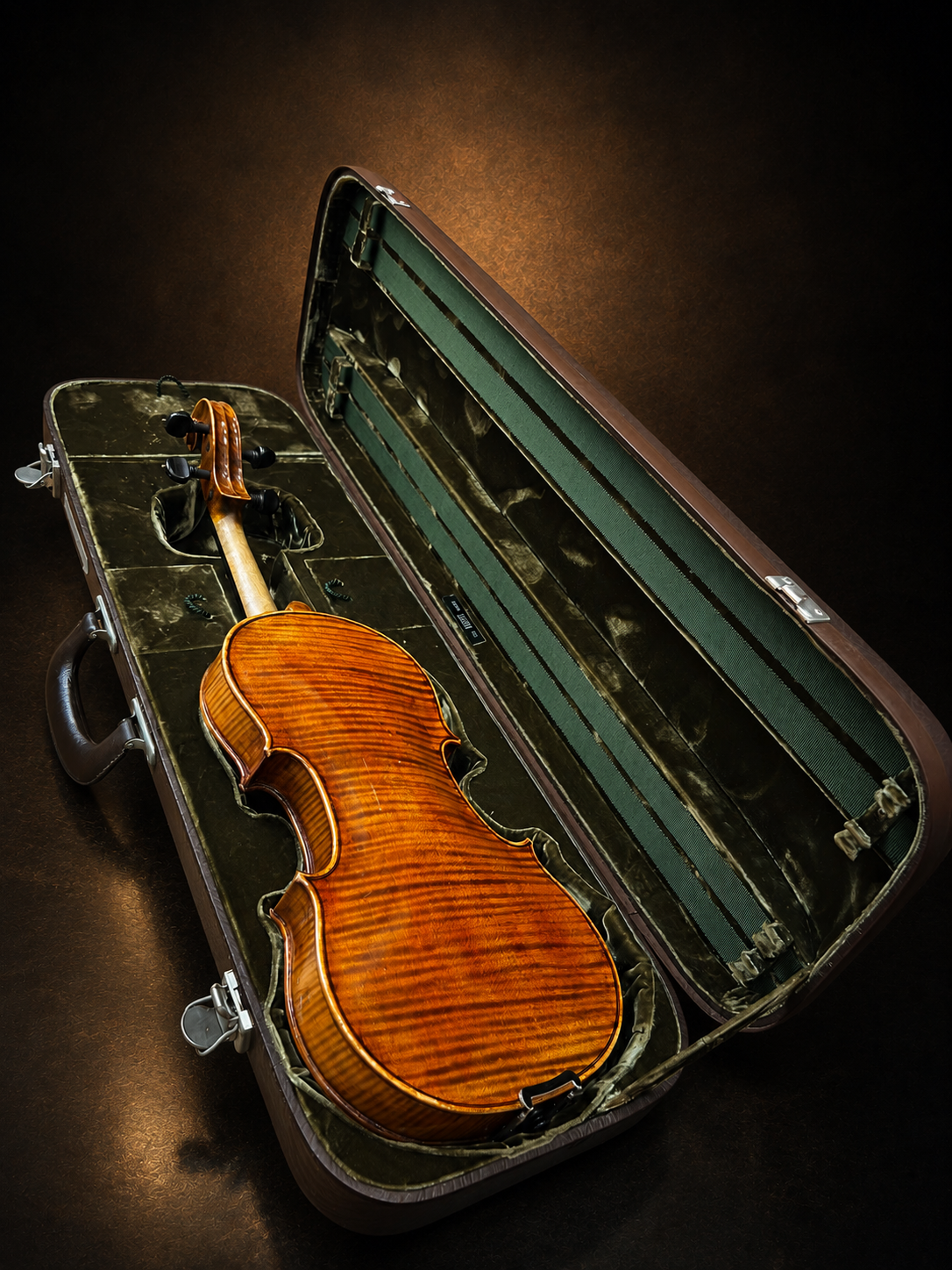 Mặt lưng violin mang nhãn J.B. Herclík nằm trong hộp mở