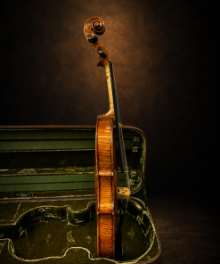 Góc nghiêng hông violin mang nhãn J.B. Herclík, mặt đàn hướng sang phải