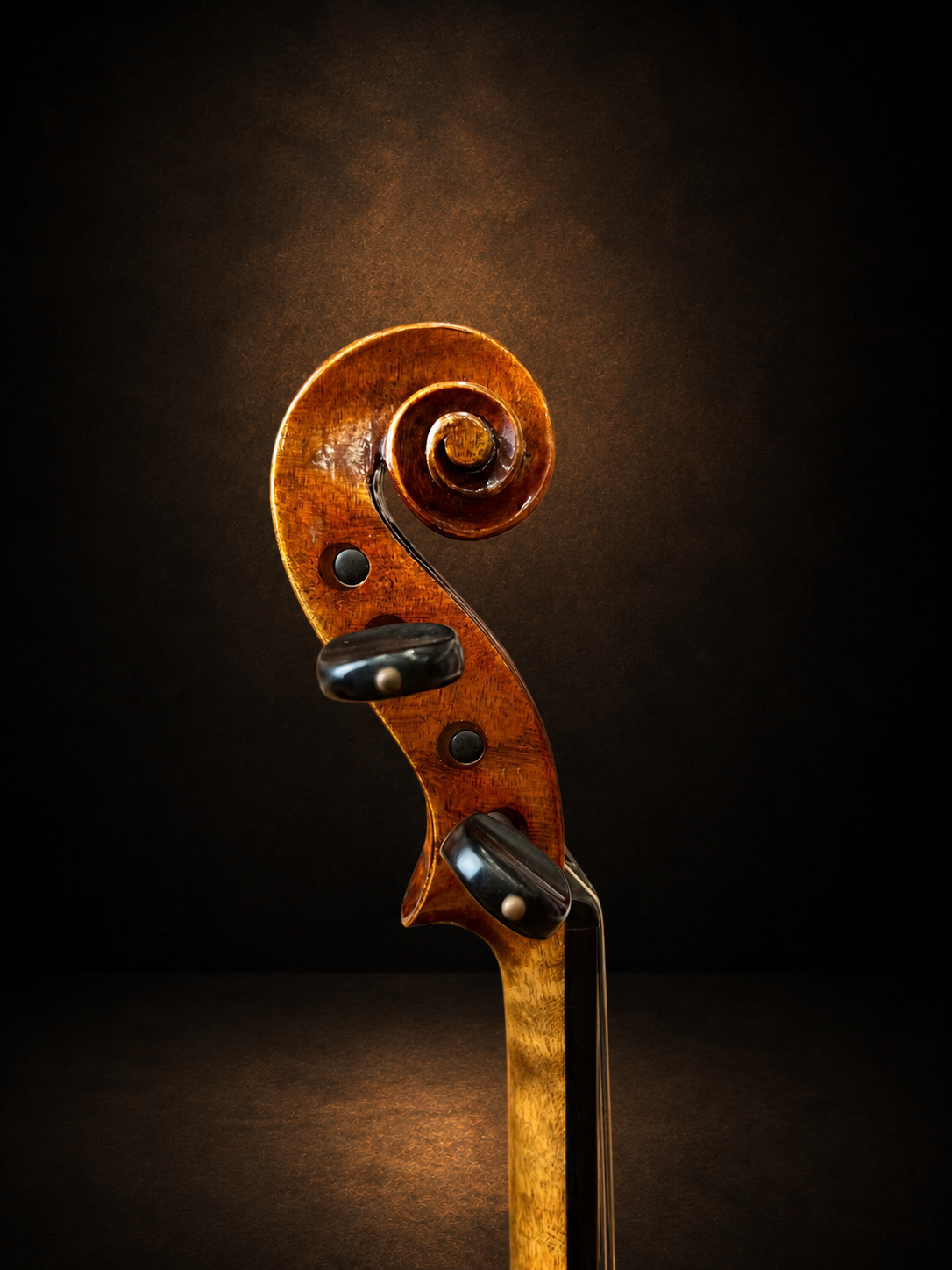 Đầu cuộn và chốt lên dây violin mang nhãn J.B. Herclík nhìn nghiêng