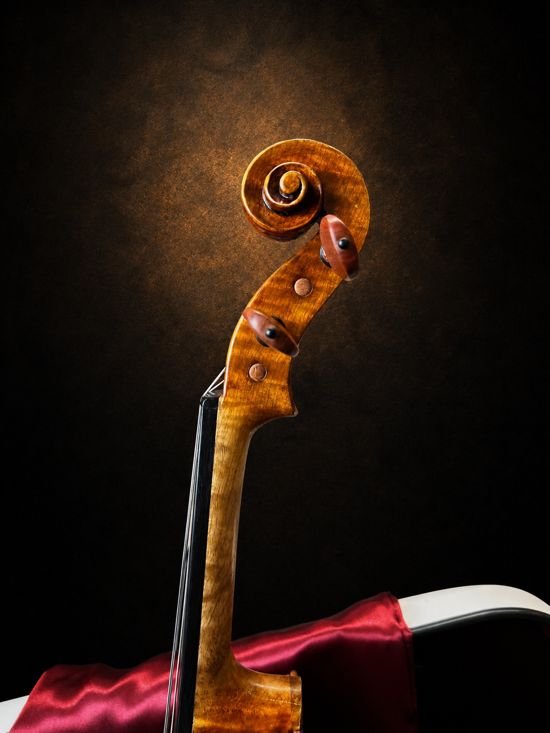 Đầu cuộn violin mang nhãn Augustus Pollastri nhìn nghiêng từ phía mặt đàn