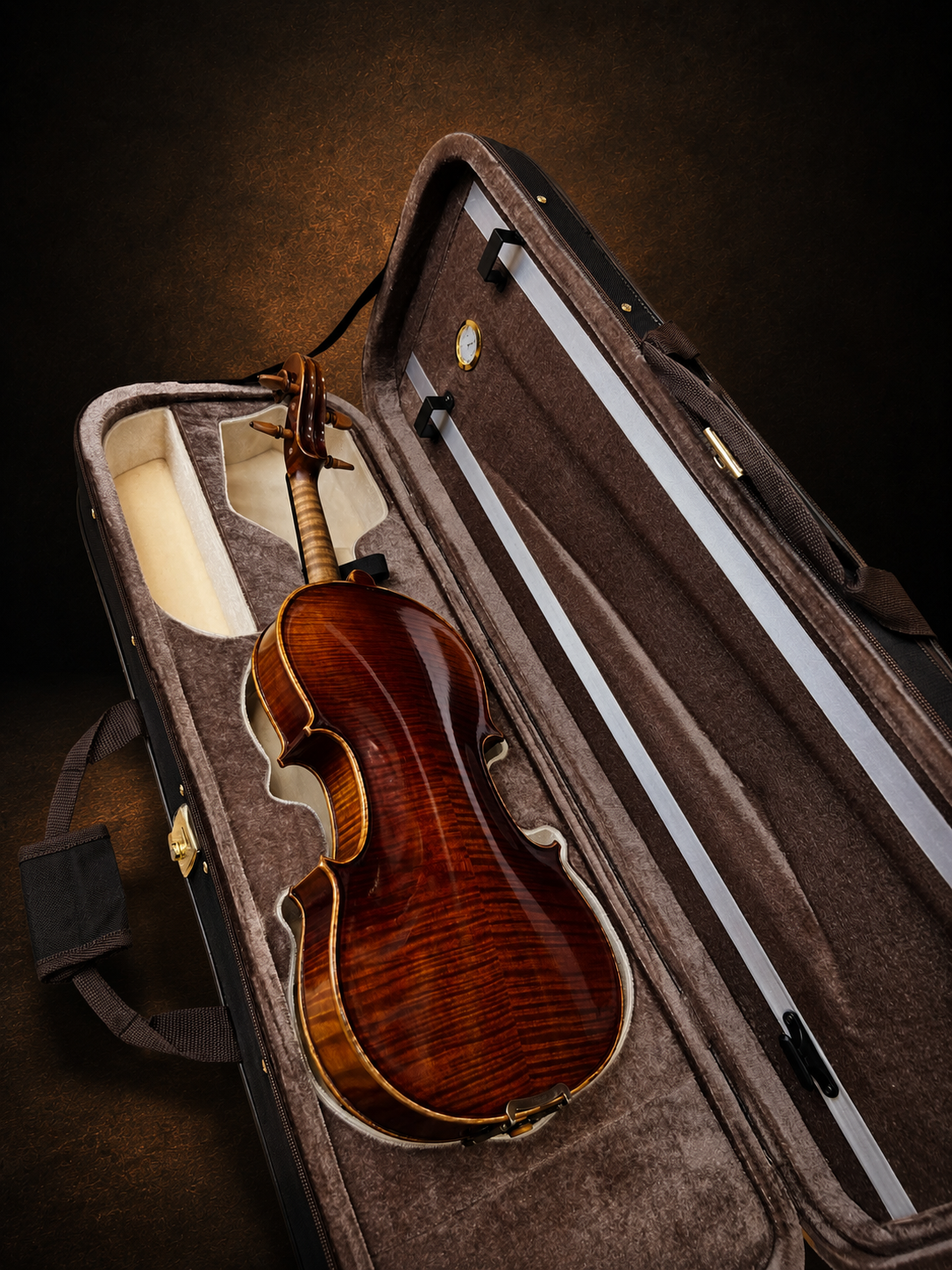 Mặt lưng violin mang nhãn Carlo Bisiach di Leandro 1949 nằm trong hộp mở