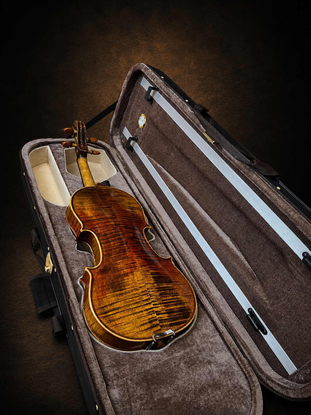 Mặt lưng violin mang nhãn Giuseppe Fiorini 1919 nằm trong hộp mở