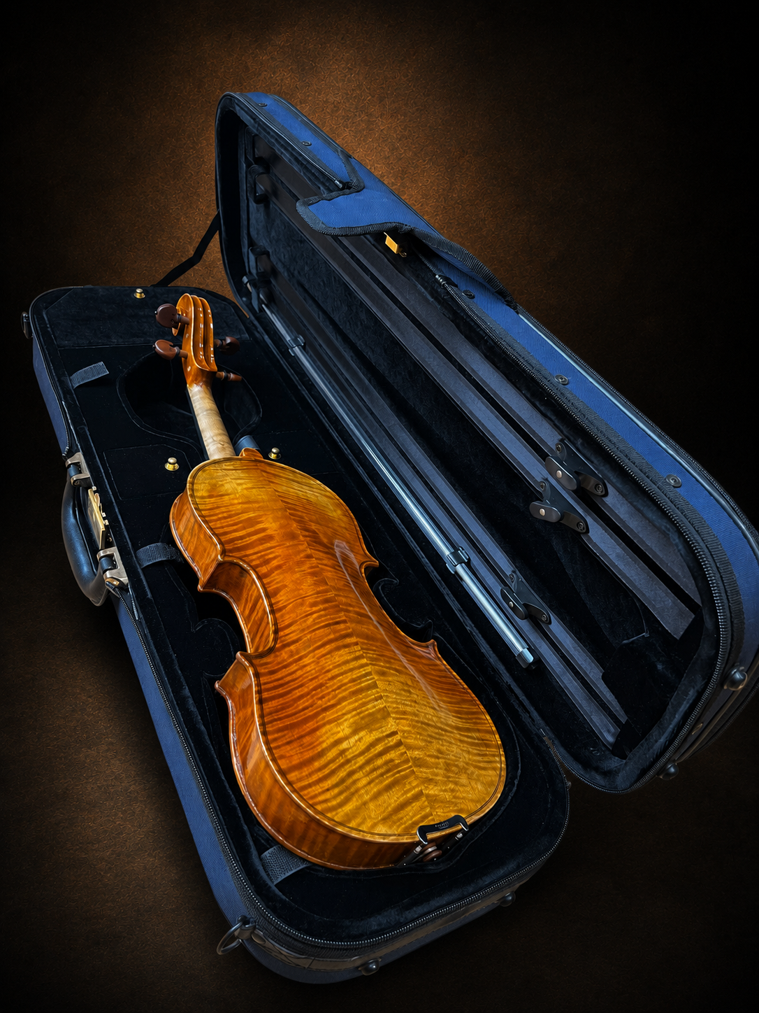 Mặt lưng violin mang nhãn Rocca Enrico 1902 nằm trong hộp mở