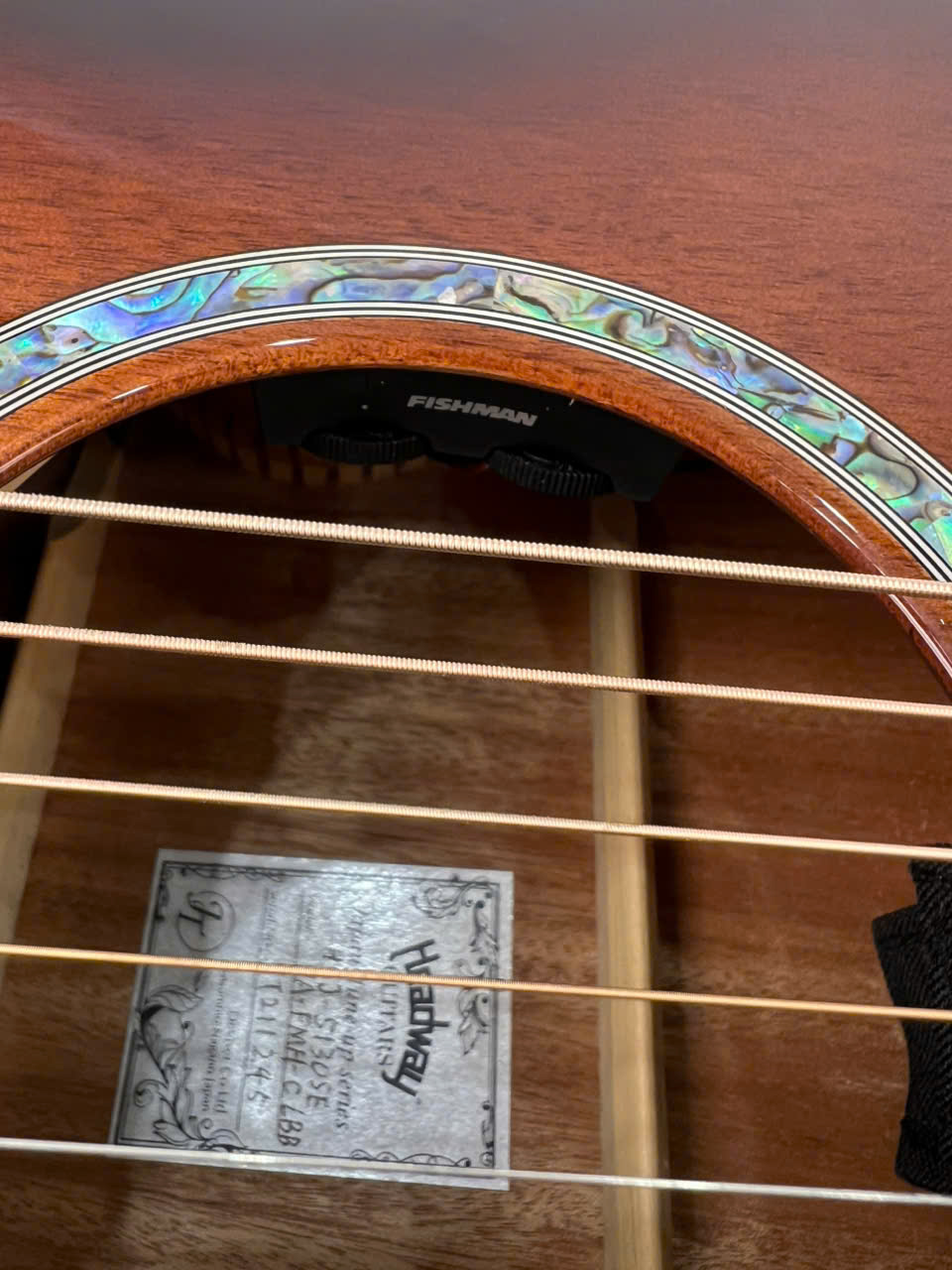 Guitar Headway HSJ-5130SE – rosette và nhãn nhìn qua lỗ thoát âm