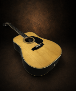 Guitar Morris W-20 – mặt trước chụp nghiêng trên nền nâu