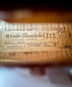 Nhãn bên trong violin Lamy H.Ennile Blondelel với dòng chữ Paris và năm 1927