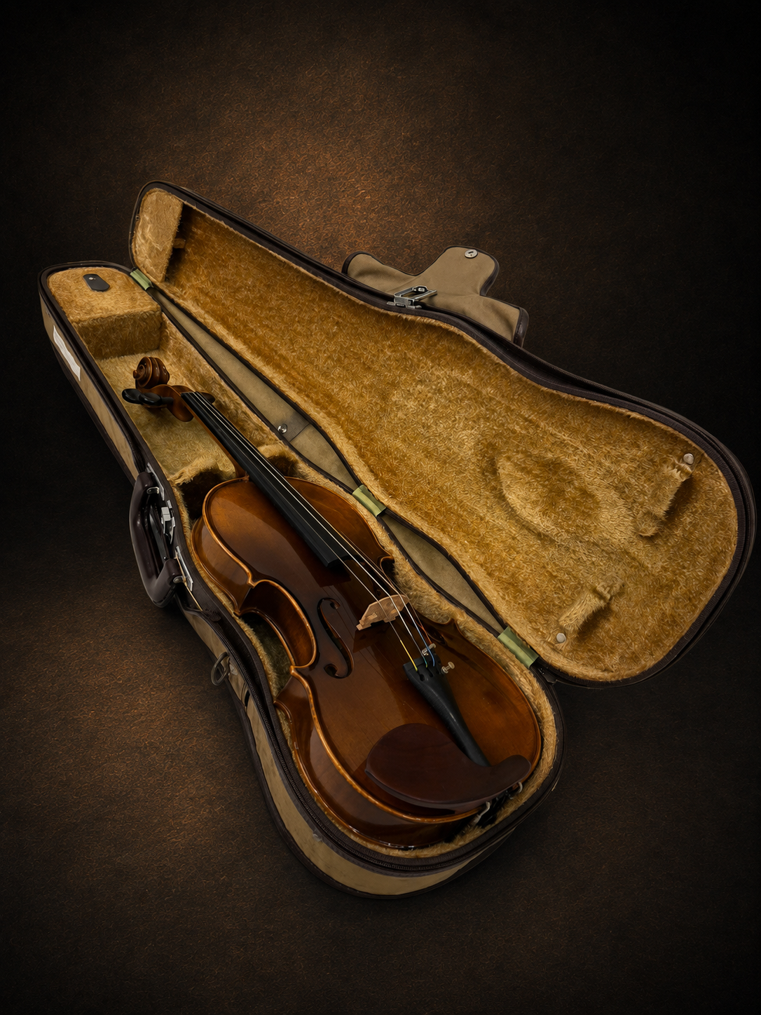 Mặt trước violin Karl Höfner size 4/4 nằm trong hộp lót nhung vàng