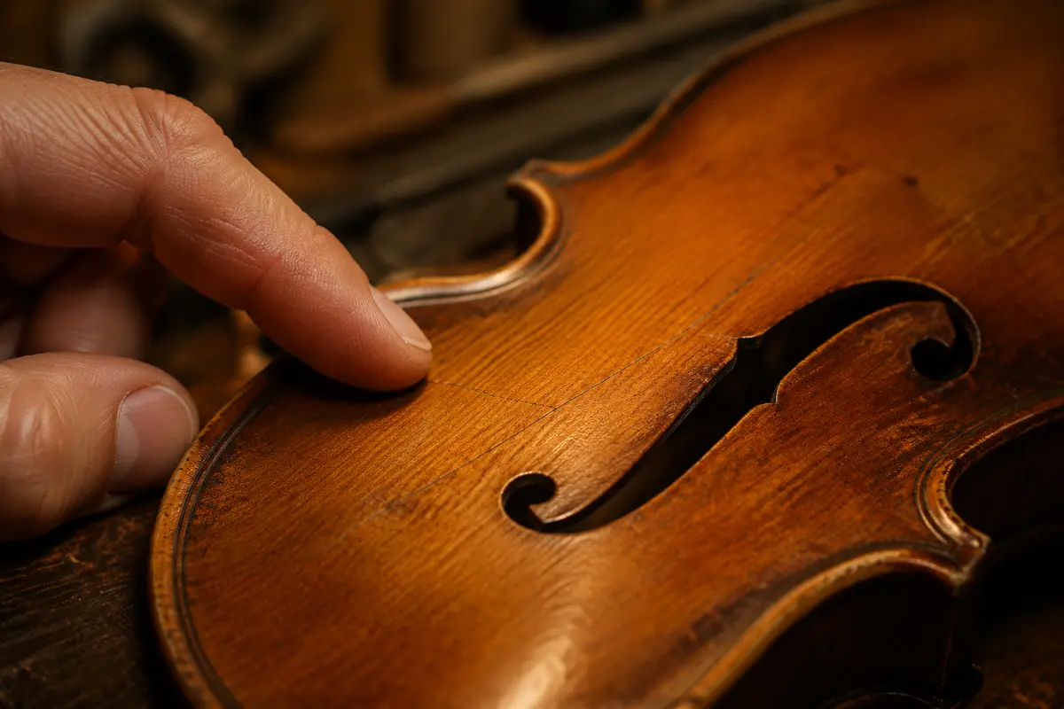 Cận cảnh vết nứt trên mặt đàn violin gần lỗ f
